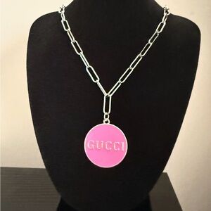 Silver Link Necklace with Pink Enamel Logo Pendant